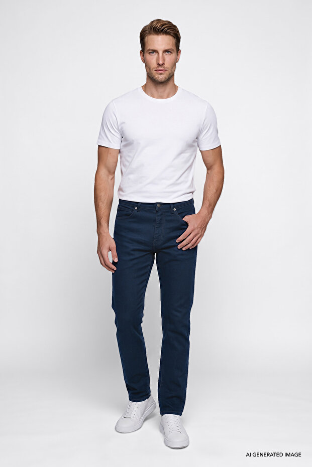 Arizona Straight Fit Regular Waist Straight Leg Men's Navy Blue 5 Pocket Stretchy Trousers
