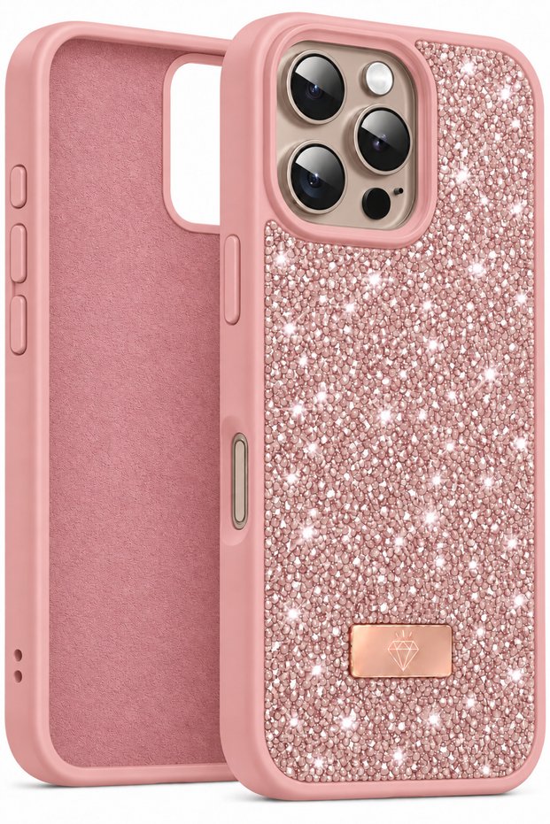 iPhone 16 Pro Max Case with Velvet Diamond Design (Remove the Gelatin) and Pink Stone Sparkling Diamond Silicone Cover