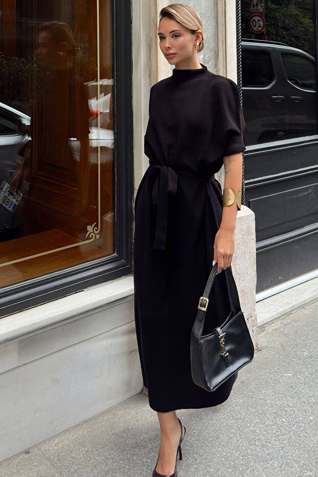 Black Half Bat Sleeve High Collar Belted Women's Knitwear Dress