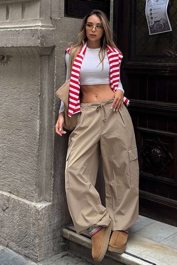 Beige Extra Loose Leg Women's Parachute Pants with Elastic Waist and Cuffs and Cargo Pockets