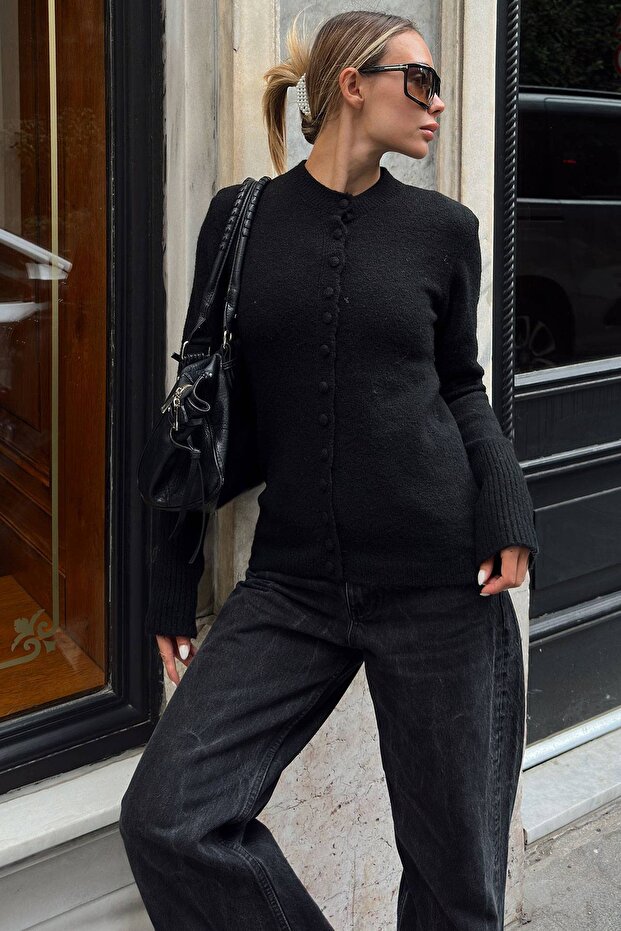 Black Coated Buttoned Crew Neck Ribbed Women's Knitwear Cardigan