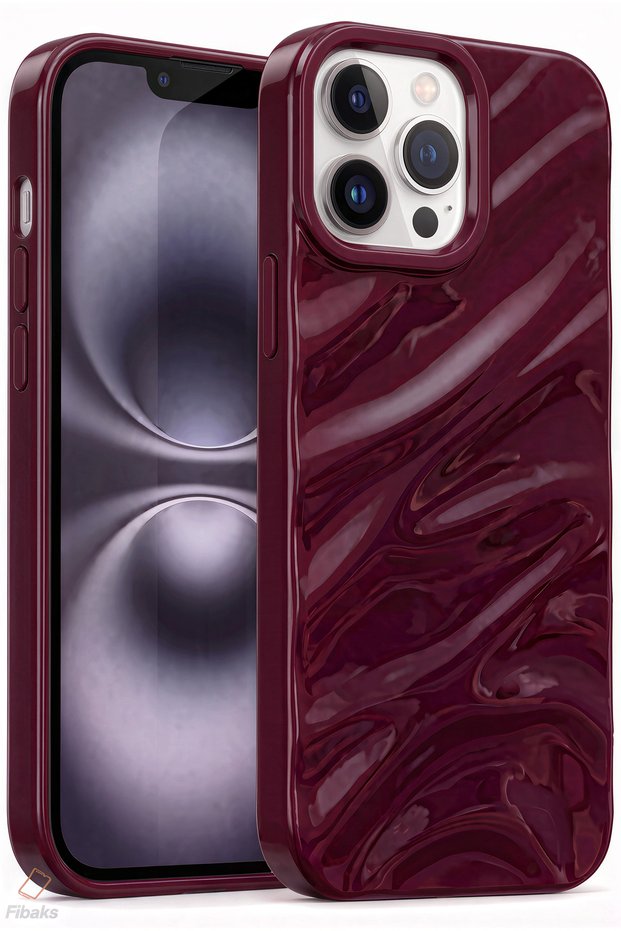 iPhone 15 Pro Case Glossy Embossed Wave Design Patterned Plum Shock Absorbing Silicone Cover