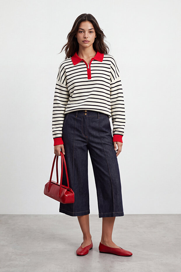 Zippered Front Striped Sweater