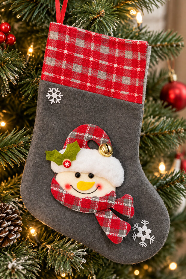 Snowman Christmas Plush Socks Embossed 40X26 cm Red Plaid New Year Pine Tree Hanging Ornament