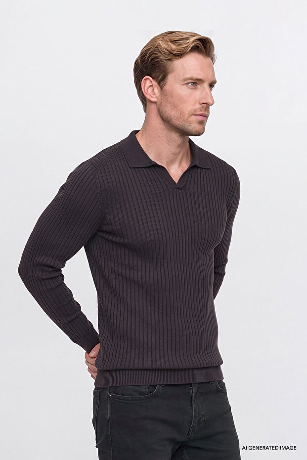 Men's Brown Standard Fit Regular Cut Polo Neck Jacquard Knitwear Sweater