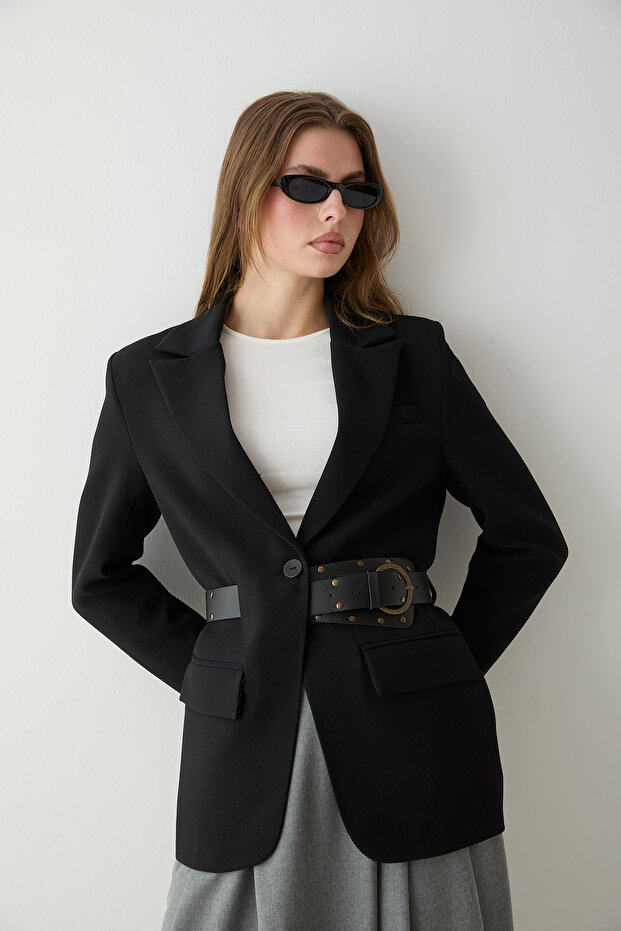 Black Self-Belted Blazer Jacket Twoss26Bc00040