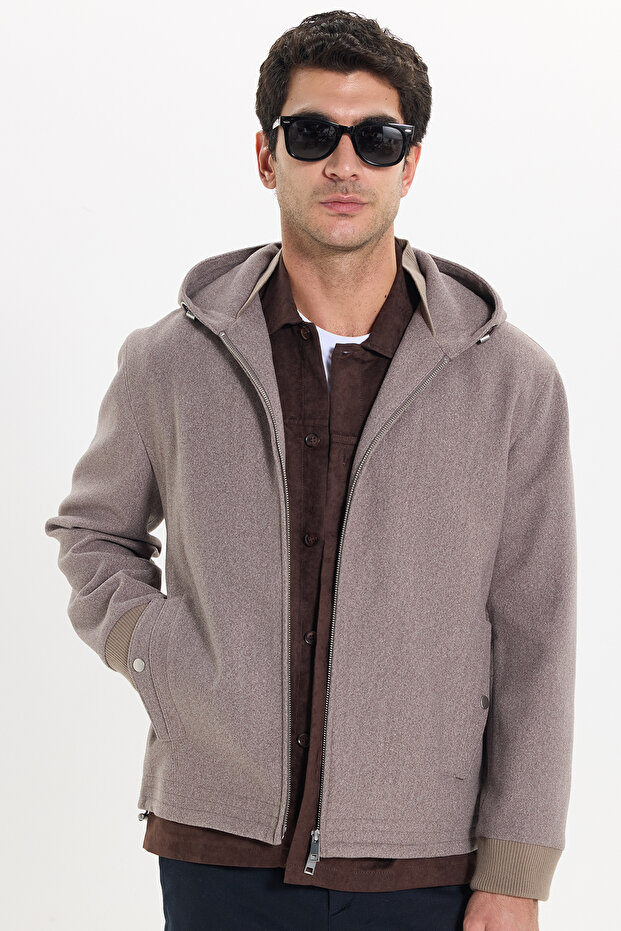 Men's Relax Fit Comfortable Cut Mink Cashmere Coat with Hood, Zipper, Elastic Cuffs and Collar, and Pockets