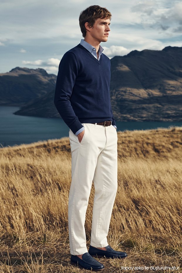 Men's Slim Fit V-Neck Cotton Blue Knitwear Sweater