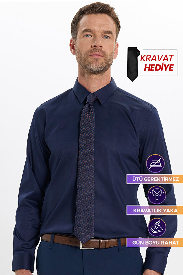 Men's Slim Fit Non-Iron Long Sleeve Tie Collar Cotton Navy Blue Shirt