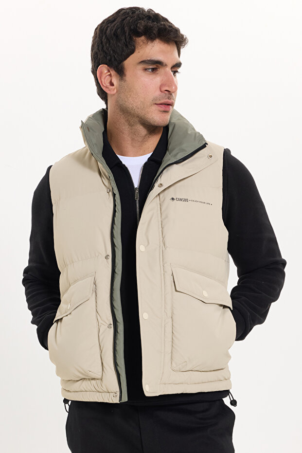 Men's Relax Fit Comfortable Cut Stand Collar Hidden Zipper Covered and Snap Fastener Double Pocket Inflatable Beige Vest