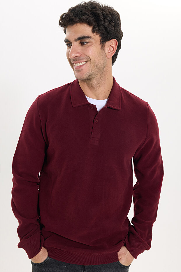 Men's Regular Fit Classic Cut Thessaloniki Fabric Claret Red Polo Collar Sweatshirt