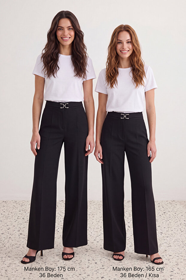 Siyah Toka Detaylı Wide Leg/Geniş Paça Kumaş Pantolon TWOAW27PL00033