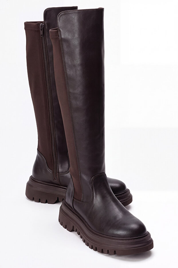 Shadow Brown Stretch Detailed Women's Boots