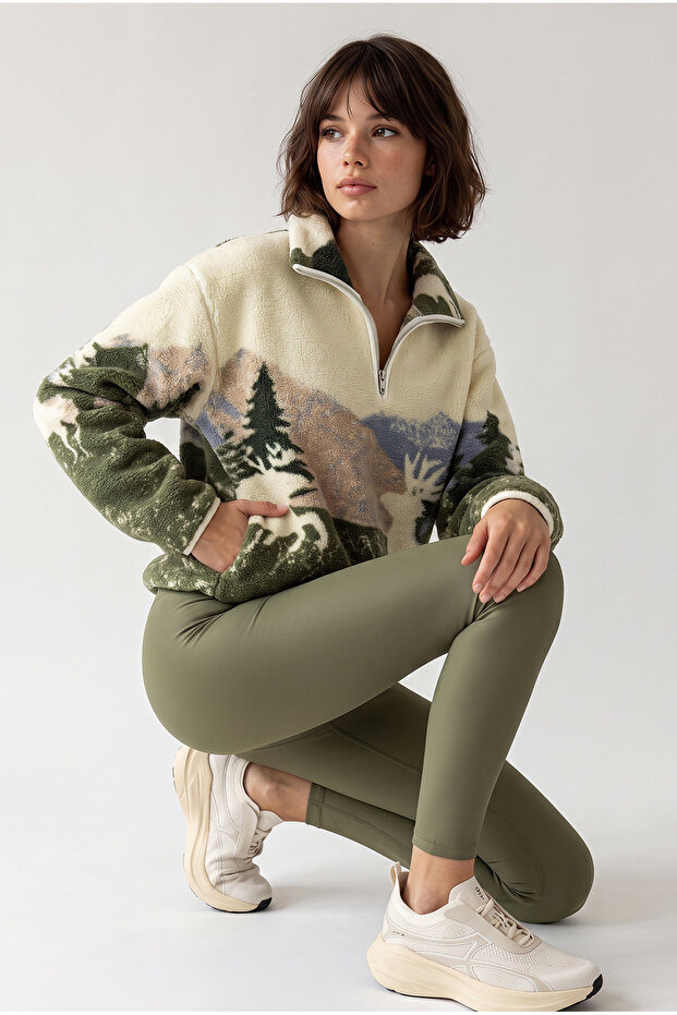 Yarım Fermuarlı Cepli Kar Desenli Yumoş Polar - Sweatshirt Haki