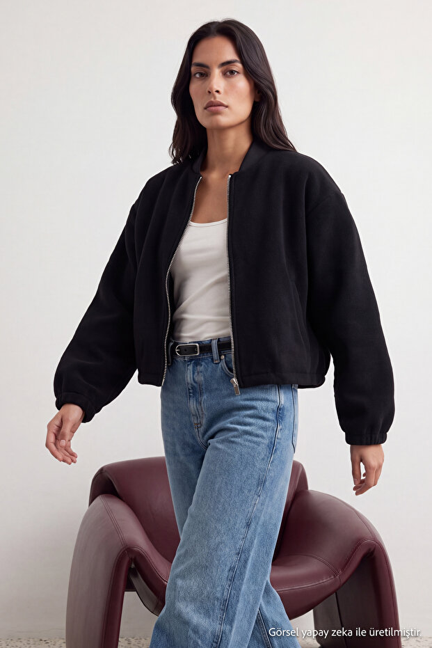 Siyah Oversize Kaşe Bomber Ceket Mont TWOAW25MO00053