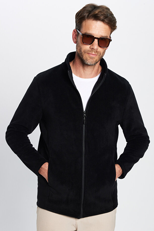 Unisex Standard Fit Full Zip Anti-Pilling Cold-Resistant Black Fleece Cardigan