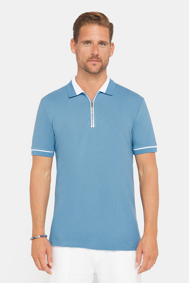 Men's Slim Fit Slim Fit 100% Cotton Flat Pike Zippered Blue Polo Collar T-shirt