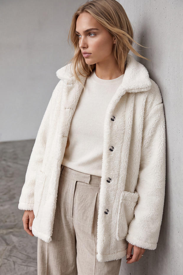 Women's Ecru Double Pocket Buttoned Front Oversize Plush Jacket Alc-X11149