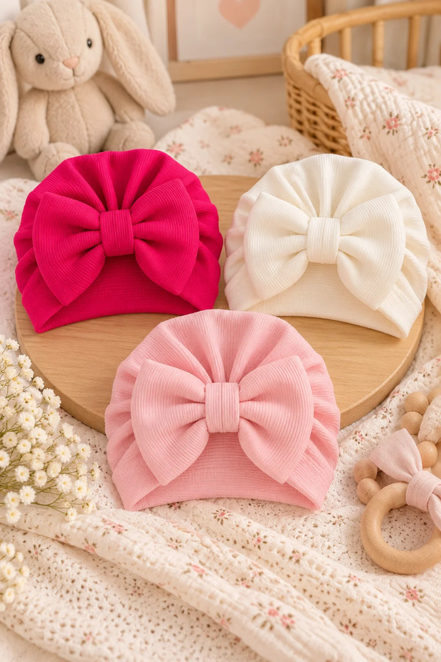 Bow-Detail Double-Layer Baby Bonnet 3-Piece Set - Pink/White/Fuchsia