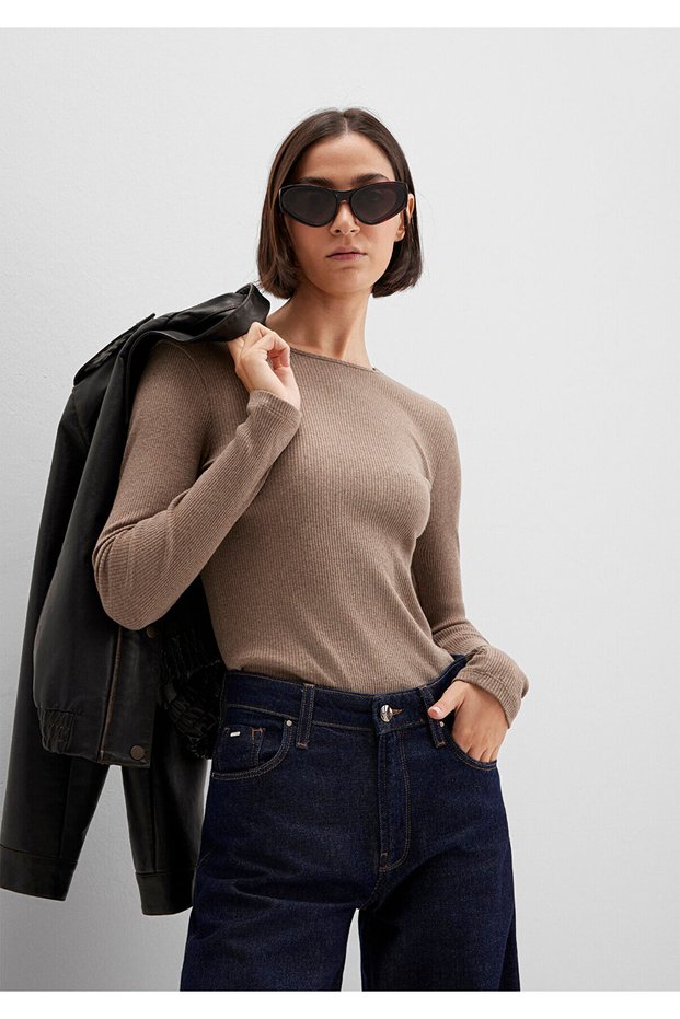 Cashmere Blend Brown Long Sleeve Basic T-Shirt Fitted / Bodycon Cut 1613655-91335