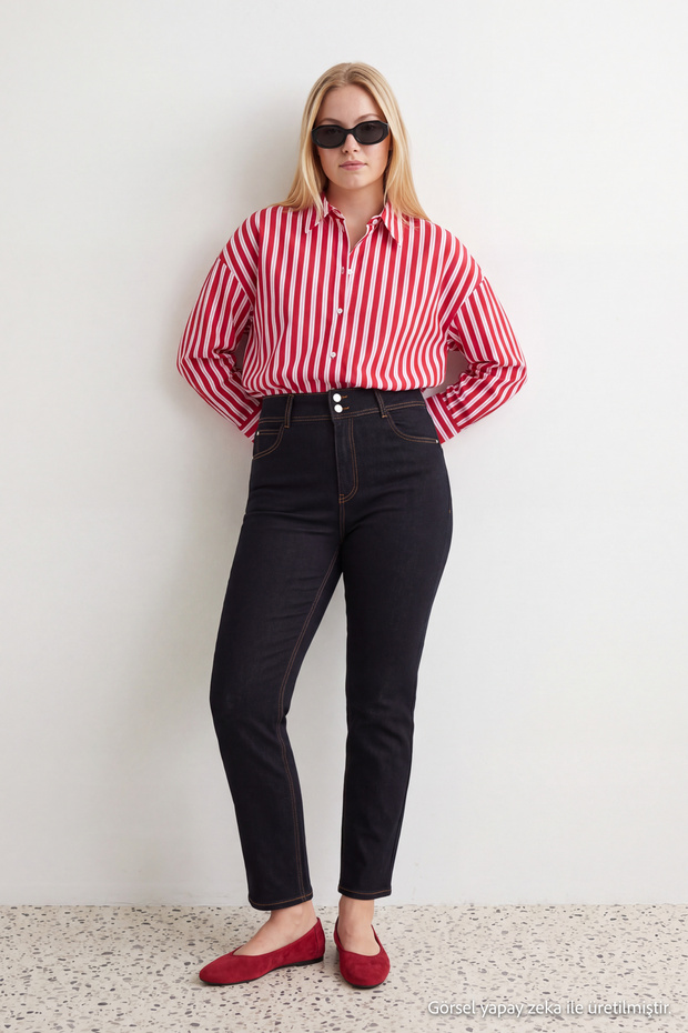 Siyah Yüksek Bel Esnek Skinny Büyük Beden Jeans TBBAW27CJ00041