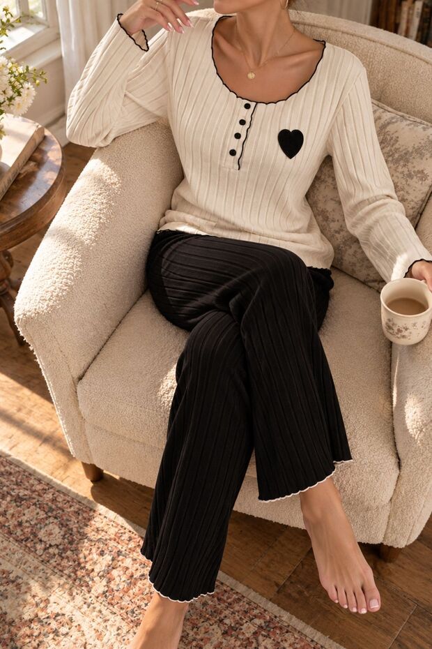 Embroidered Black Cotton Pajama Set with Heart Detail