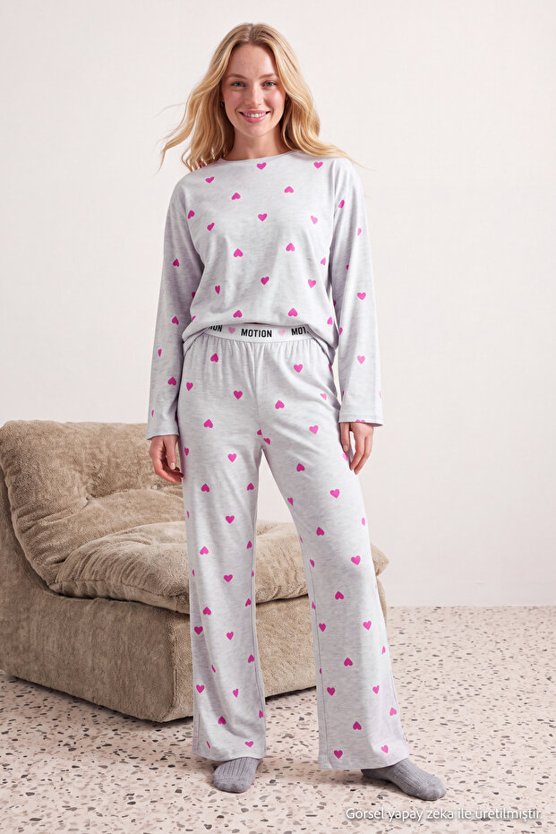 Gray Melange Heart Slogan Printed Elastic Knitted Pajama Set Thmaw25Pt00045