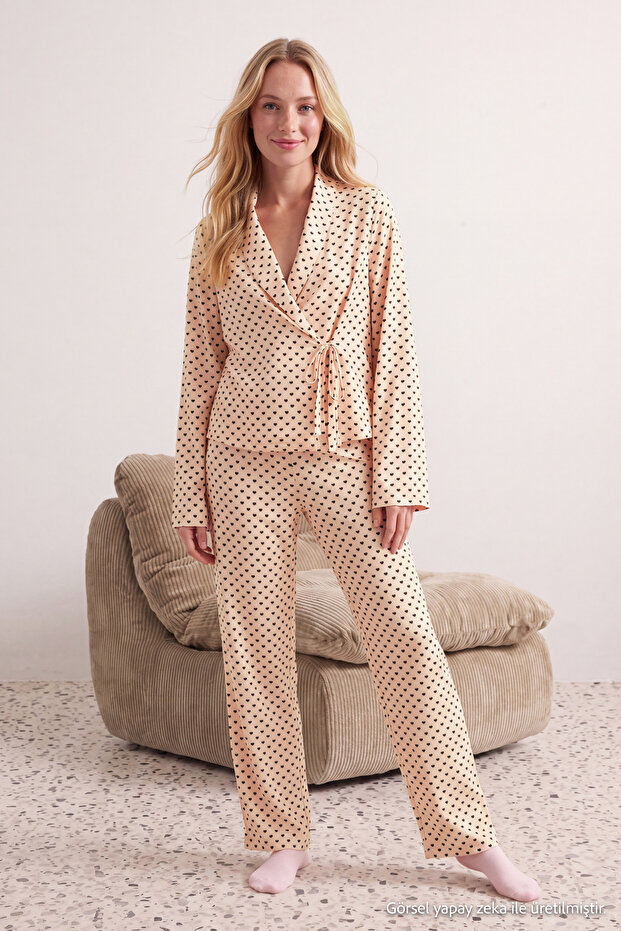 Powder Heart Patterned Tie Detail Woven Viscose Pajama Set - THMAW22PT0300