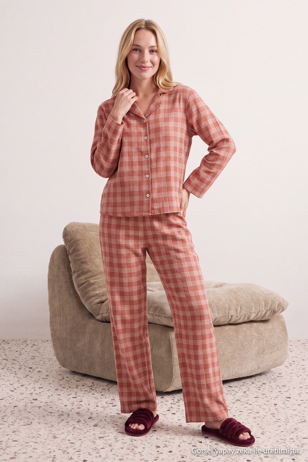 Gül Kurusu Pamuk Karışımlı Kalın/Kışlık Ekoseli Flanel Dokuma Pijama Takımı THMAW26PT00196