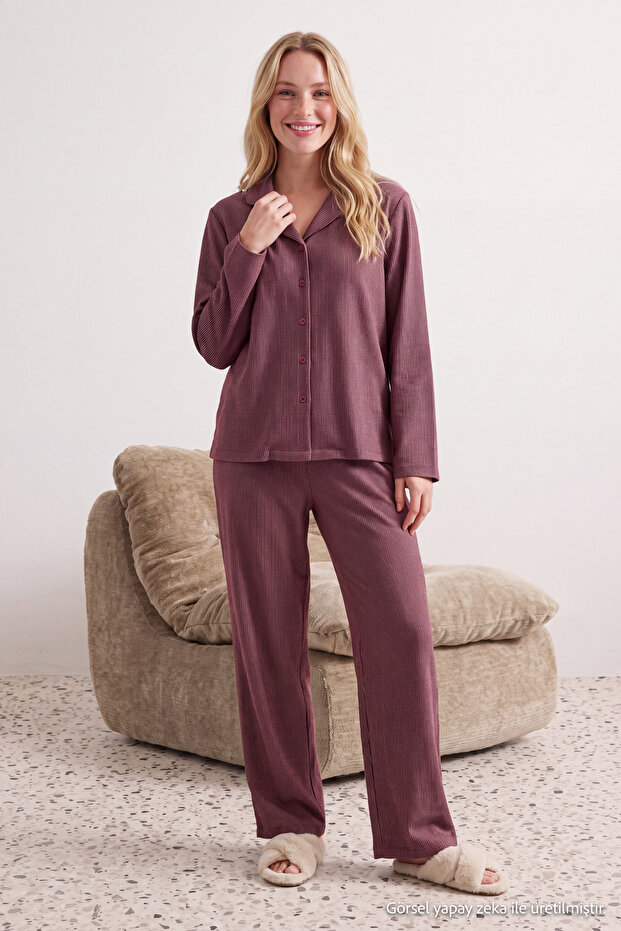 Burgundy Cotton Blend Thick/Winter Striped Flannel Woven Pajama Set Thmaw26Pt00196