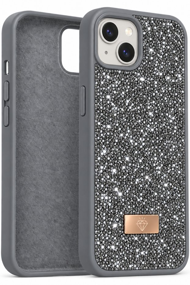 iPhone 13/14/15 Case with Velvet Diamond (Remove Gelatin) Design, Gray Stone Sparkling Diamond Silicone