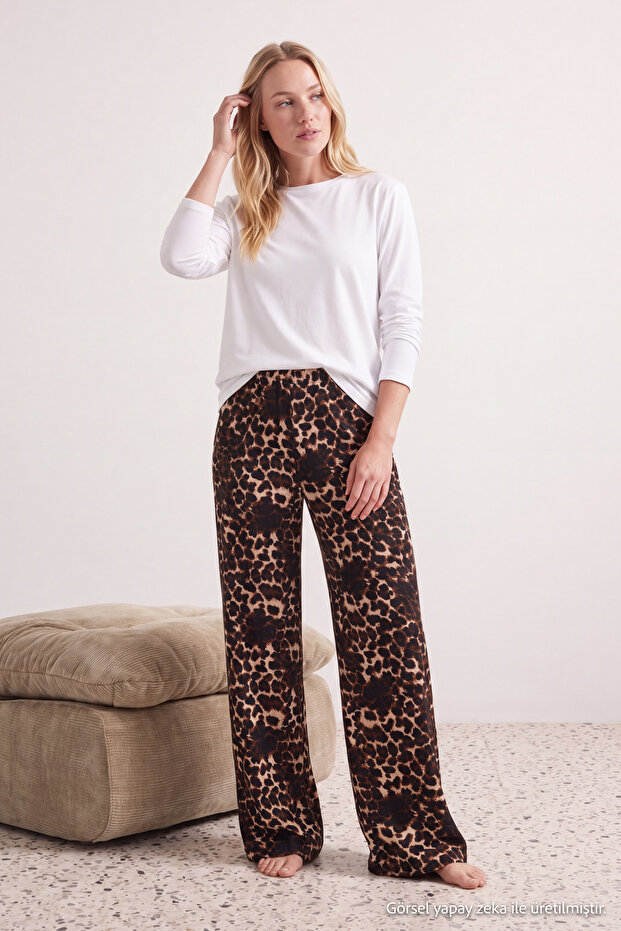 Çok Renkli 2'li Leopar Desenli Pamuk Karışımlı Likralı Örme Pijama Altı THMAW26PJ00005
