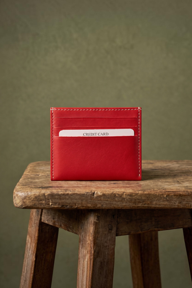 Berlin - Red Vegan Leather Ultra Thin Card Holder, Minimalist Credit Card Case