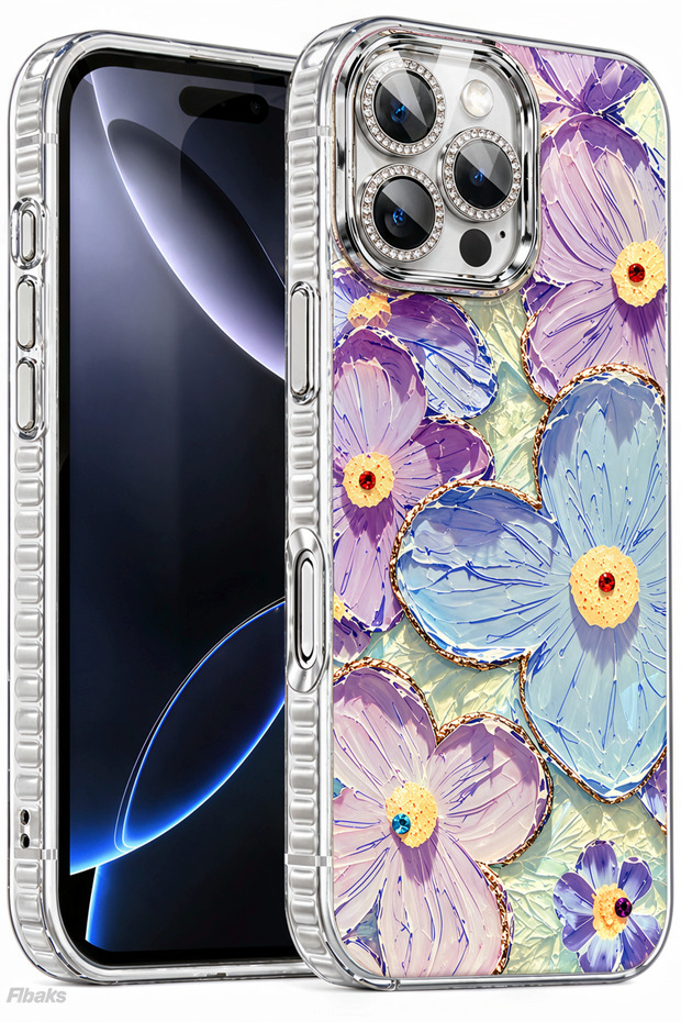 iPhone 16 Pro Case Color-Changing Stone Camera Lens Protected Blue Floral Pattern Shock-Absorbing Cover