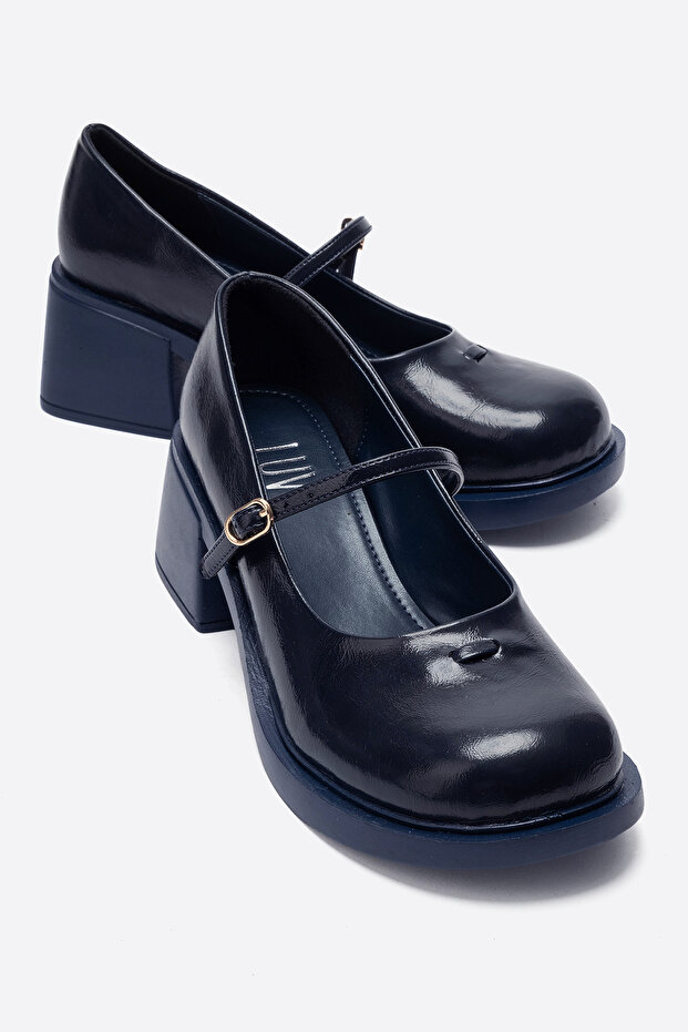 Luanda Navy Blue Strappy Women's Thick Heeled Mary Jane Shoes