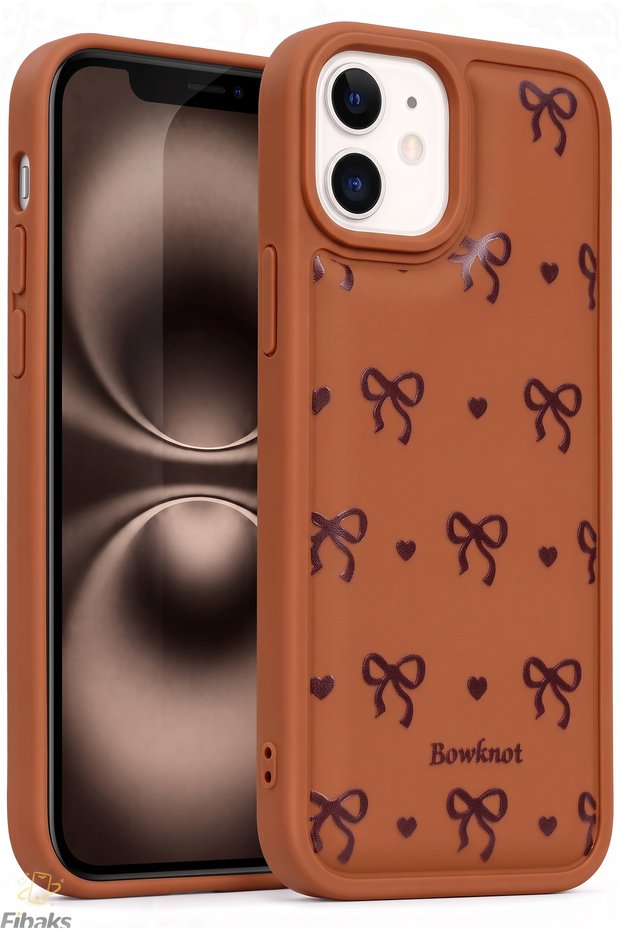 iPhone 11 Case Soft Textured Bow Pattern Brown Soft Camera Protection Silicone Cover