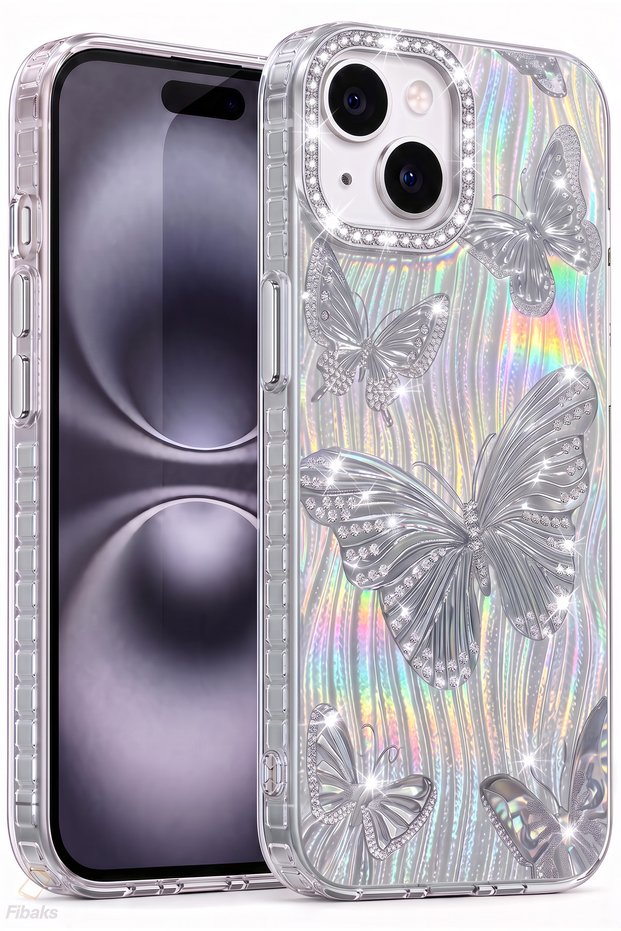 iPhone 13/14/15 Case Holographic Stone Glitter Butterfly Pattern Shock Absorbing Camera Protected Silicone