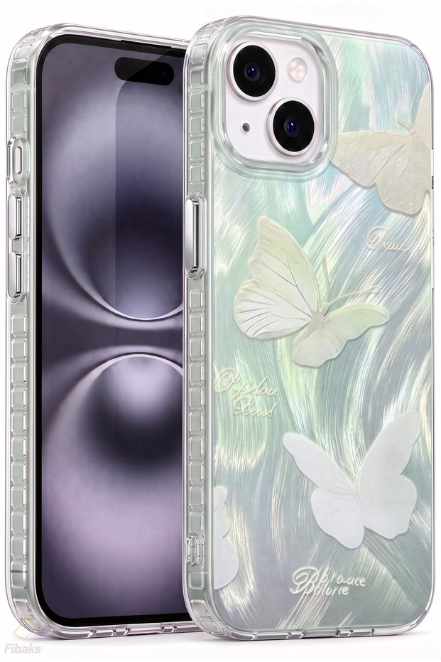 iPhone 13/14/15 Case Shiny Hologram Green Butterfly Pattern Shock Absorbing with Camera Protection