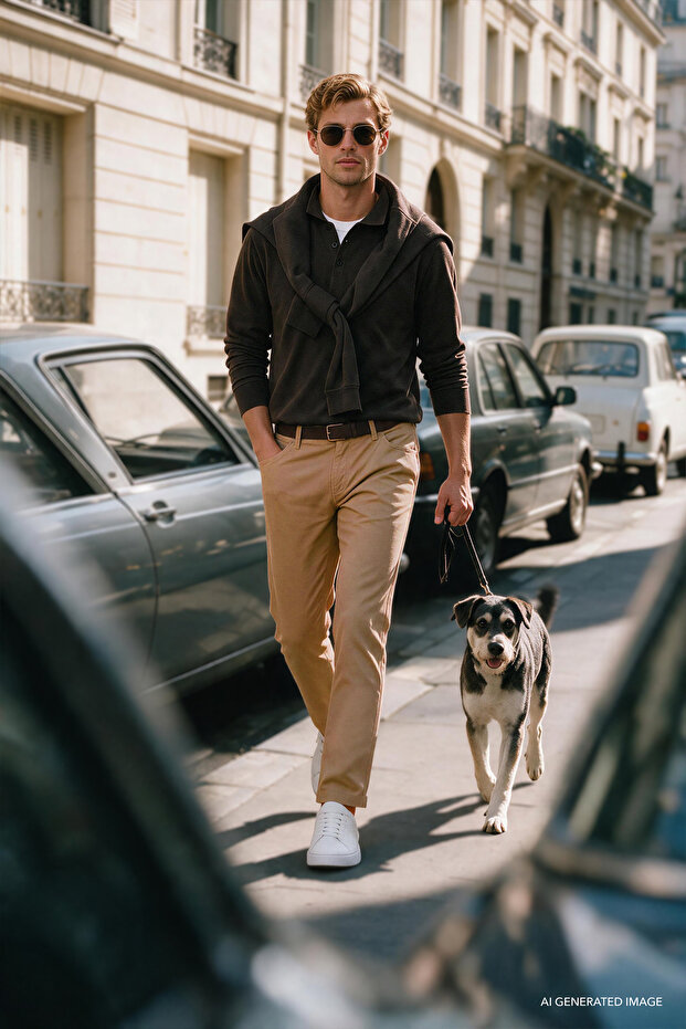 Men's Camel Non-Wrinkle Slim Fit Slim Cut 5-Pocket Cotton Canvas Flexible Casual Trousers