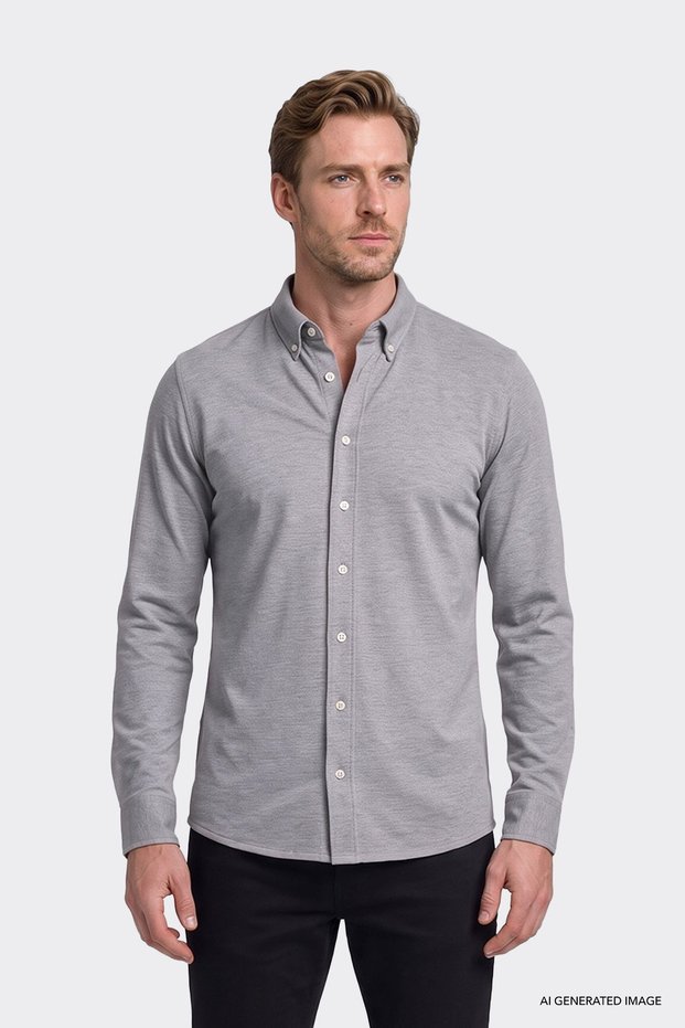 Men's Gray Breathable Flexible Cotton Tailored Slim Fit Button-Down Collar Knitted Shirt