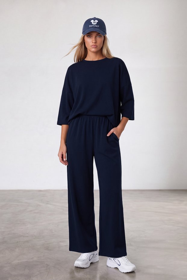 Women's Navy Blue Crew Neck Three-Quarter Sleeve Modal Blouse And Double Pocketed Trousers Set Alc-X15234