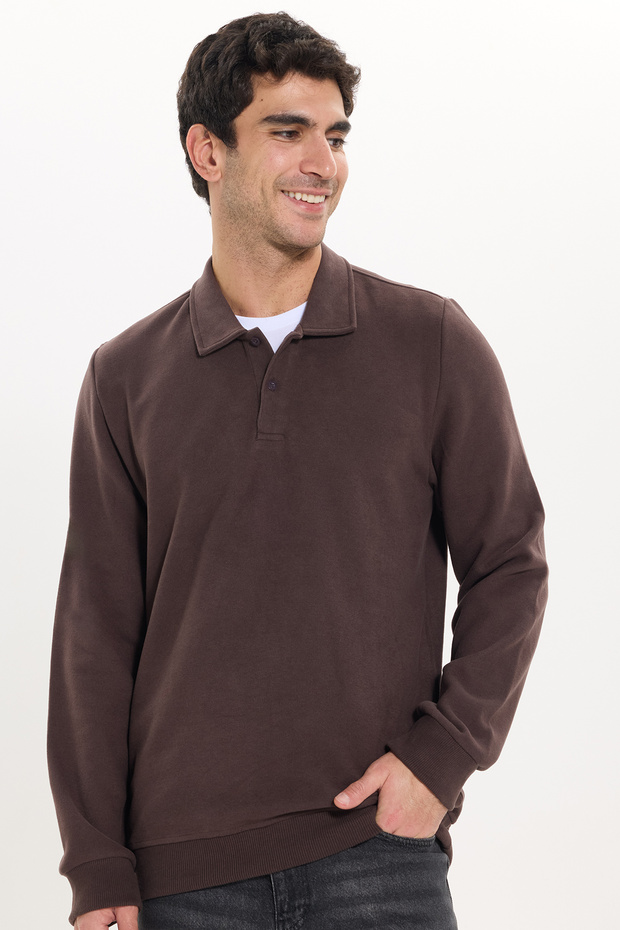 Men's Regular Fit Classic Cut Thessaloniki Fabric Brown Polo Collar Sweatshirt
