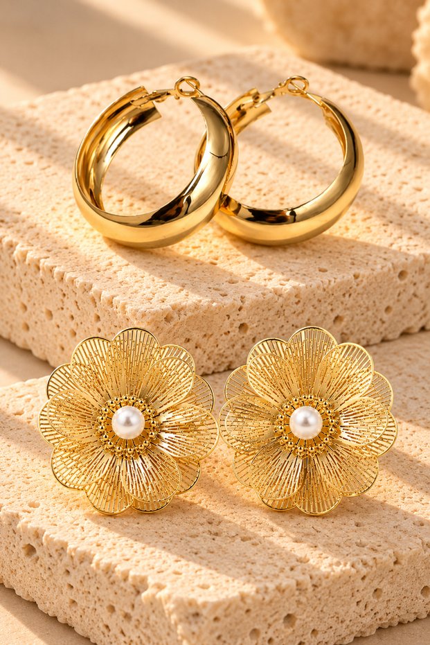 Set of 2 Steel Yellow Color Non-Fading Flower and Hoop Loop Detailed Round Earrings