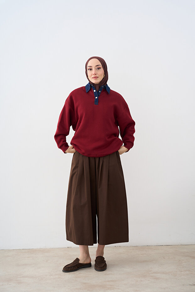 Women's Collar Denim Detail Sweatshirt Burgundy