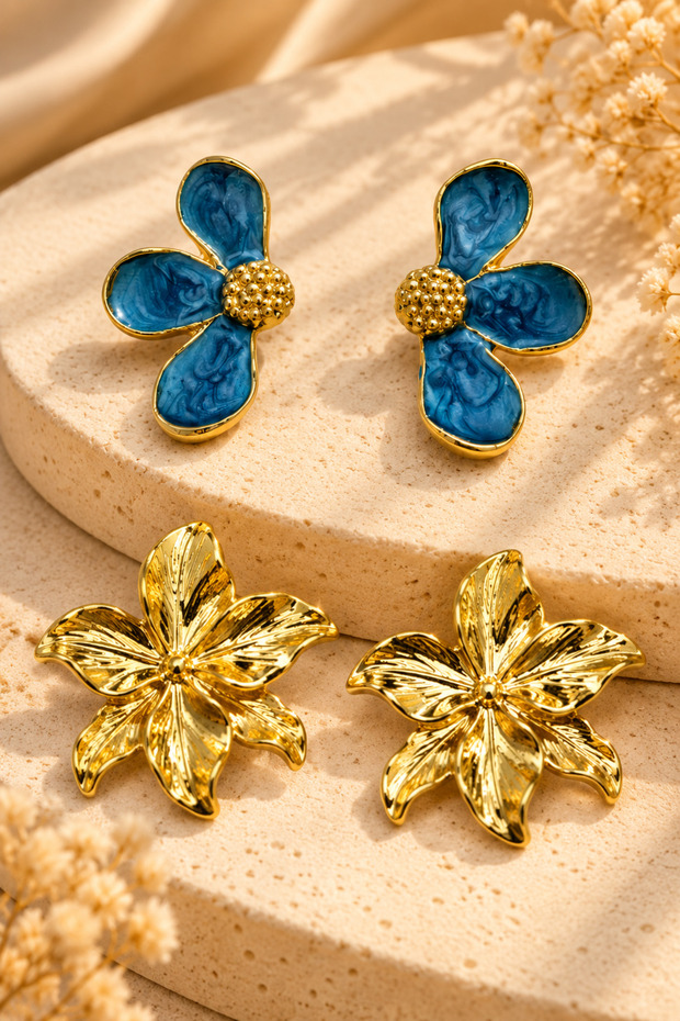 Set of 2 Steel Yellow Color Non-Fading Flower Detailed Earrings