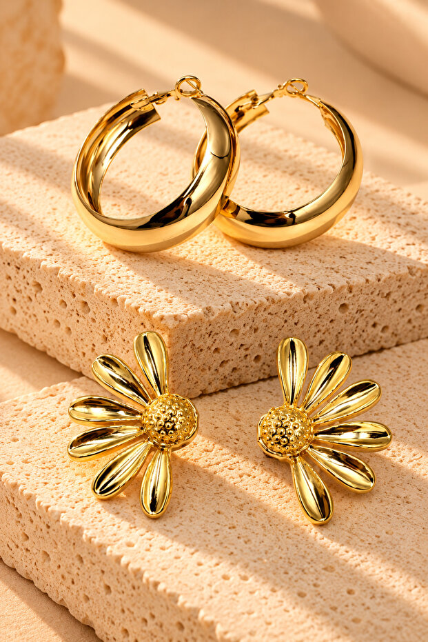Women's Gold Color 2-Piece Earring Set Loop Hoop and Flower Earrings