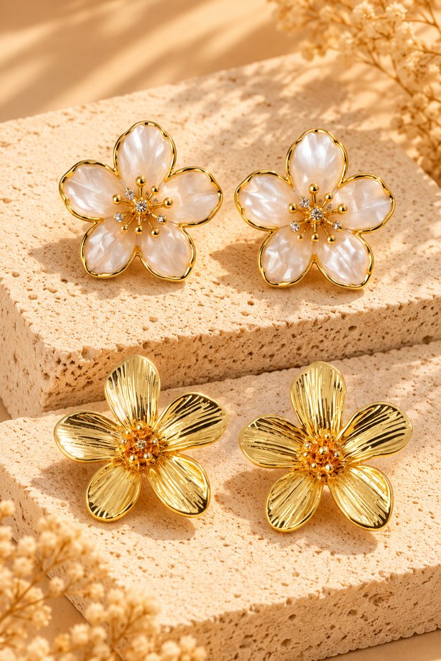 Set of 2 Steel Yellow Color Non-Fading Enamel Flower and Flower Detailed Round Earrings