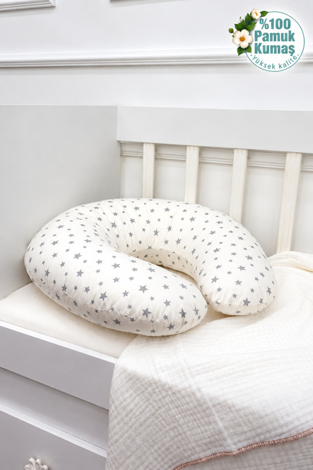Gray Cotton Fabric - Breastfeeding Pillow, Baby Support Cushion, Pregnancy Pillow, Little Star Series