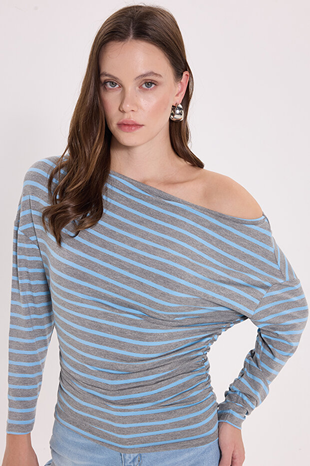 Women's Regular Fit Classic Cut Boat Neck Long Sleeve Striped Lycra Blue Viscose Blouse