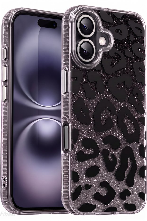 Glitter Leopard iPhone 16 Case Glitter Leopard Transparent Phone Case Glitter Leopard Pattern Premium Protection Hard Silicone Black